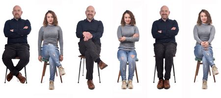 collage of a couple sitting on a chair in white background, front view,の写真素材