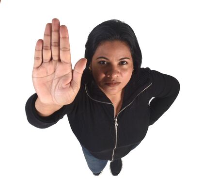 Woman doing stop with her handの写真素材