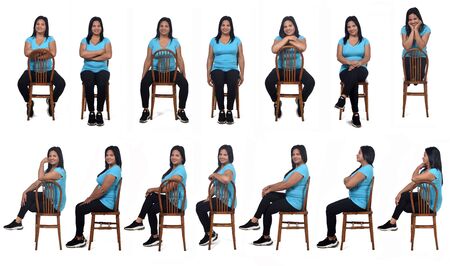 large group of a woman sitting on a chair in white background