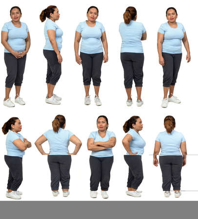 large group of same woman with sportswear on white background, back,side and rear  viewの写真素材