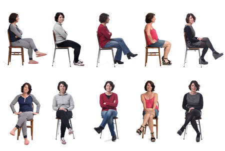 woman with various outfits of clothes sitting  on white backgroundの写真素材