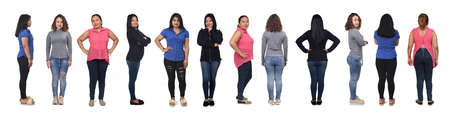 front, side and back view of a group of Latin American women on white backgroundの写真素材