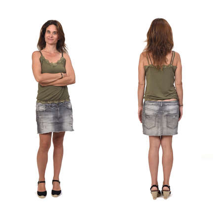 front and back with a  woman wearing skirt with on white backgroundの写真素材
