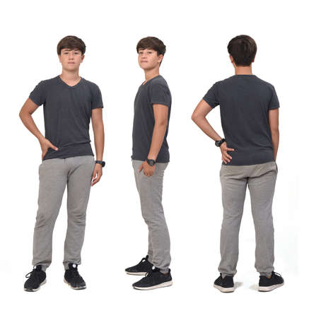 front,side and back view of same teenage boy with sportswear on whiteの写真素材