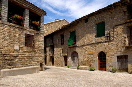 Square of el Salvador, old town of Ainsa, Aragon, Spainの写真素材