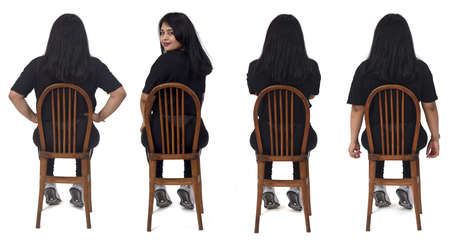 rear view of a group of same woman with sportswear on white backgroundの写真素材