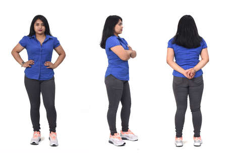 Full portrait of a woman back front and side view on white backgroundの写真素材