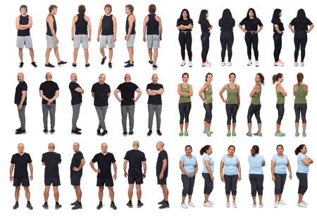 adults wemen and men in sportswear face, profile and back standing on white backgroundの写真素材