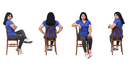 same woman of back, front and side with jeans shirt and snickers sitting on chair on white backgroundの写真素材