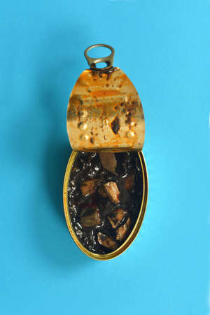 can with squid in ink on blue background