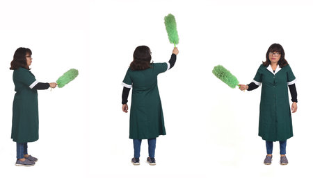 group of same woman a latin woman dusting with a duster on white background