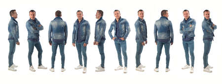 linr of various poses same man with denim clothing on white backgroundの写真素材