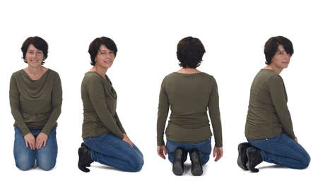 the same woman on her knees on white background
