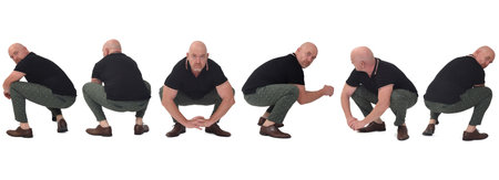 various poses of same man squatting on white backgroundの写真素材