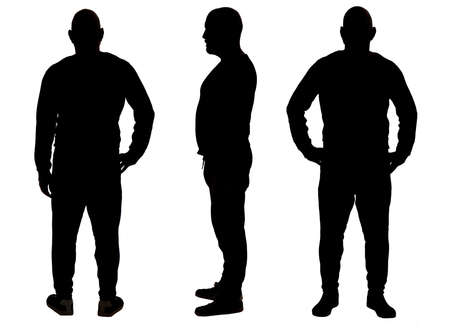 front, back and side view of the silhouette of a man wearing casual clothesの写真素材