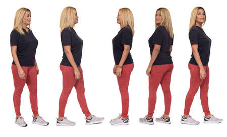 side view of a group of the same woman with sportswear on white background
