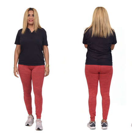 front and back view of a woman with sportswear on white background,