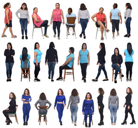 large group of a woman sitting, standing and walking on white backgroundの写真素材