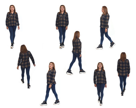 same woman walking on white backgroundの写真素材