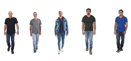 front view of a group of men walking on white background