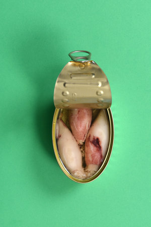 can with squid with oil on green backgroundの写真素材
