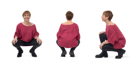 various poses on same woman squatting on white backgroundの写真素材