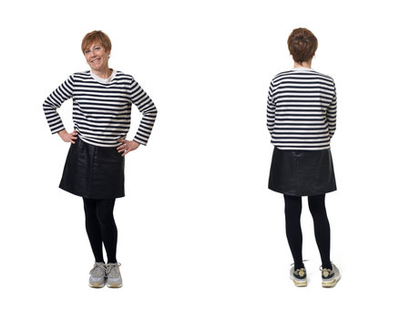 front and back view of same woman with squirt on white backgroundの写真素材