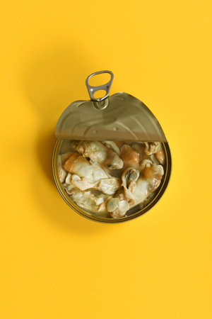 can of razor shells on yellow backgroundの写真素材