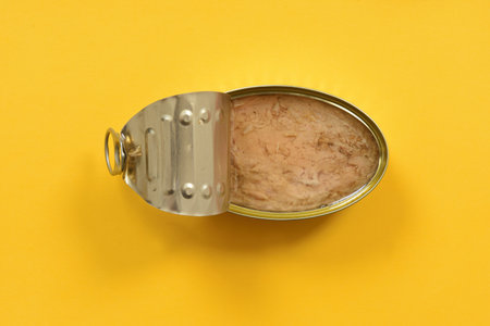 can of prickly pear on yellow backgroundの写真素材