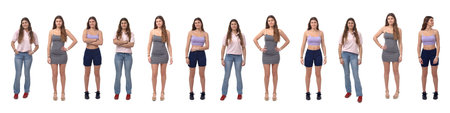 line of the same girl in different outfits on white backgroundの写真素材