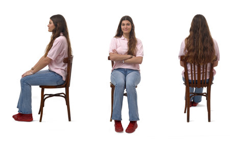 side, front and back view of same woman sitting on chair on white backgroundの写真素材