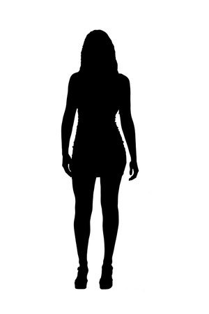 front view silhouette of young girl standing and in short dress on white backgroundの写真素材