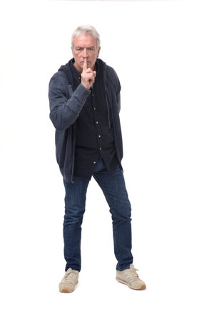 serious man showing silence sign on white backgroundの写真素材