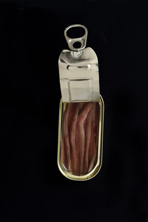 top view of a can anchovy on black backgroundの写真素材