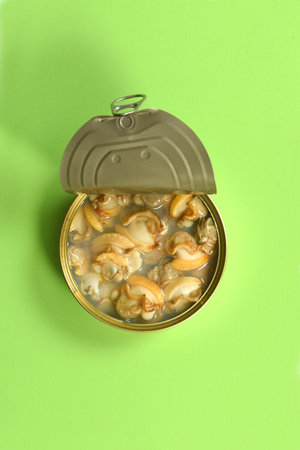 can of clam on green backgroundの写真素材