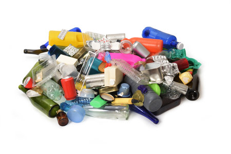 garvage, elevated view of a group of plastic, glass and cans containers isolated on white background