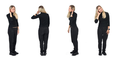 various poses of the same woman with her hand on her ear because she listens white background