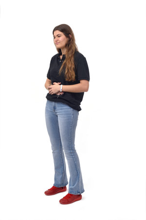 young girl with stomach pain on white backgroundの写真素材