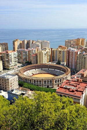 The Malagueta bullring, panoramic view of Malaga from Gibralfaroの写真素材