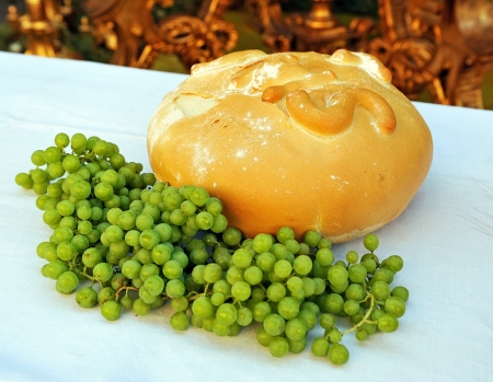 Bunch of grapes and bread, Religious Altar, Corpus Christi in Seville, Spainの写真素材