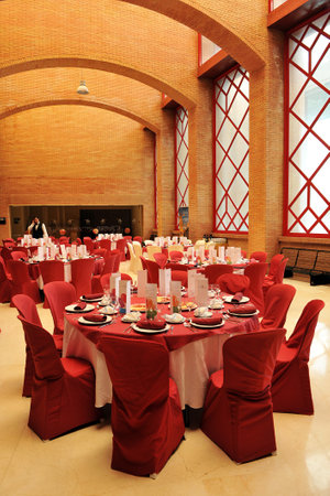 Round tables prepared for a wedding banquetのeditorial素材