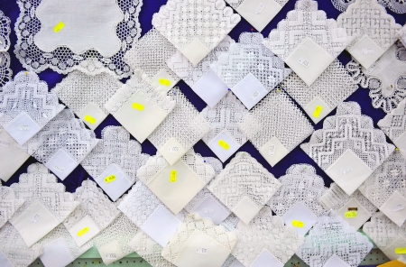Textile items made with bobbin lace, Almagro, La Mancha, Spainの写真素材