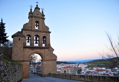 Panoramic view at dusk, village of Aracena, Huelva Province, Andalusia, Spainの写真素材