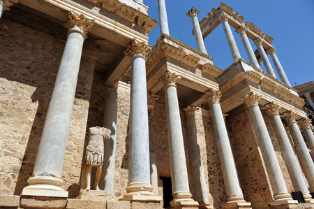 Sculpture and columns, scene of roman theater in Merida, Badajoz Province, Extremadura, Spainの写真素材