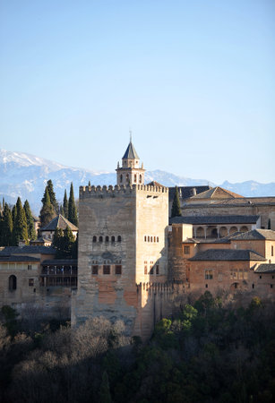 Comares tower, Palace of the Alhambra in Granada viewed from the Mirador de San Nicolas, Granada, Andalusia, Spainのeditorial素材