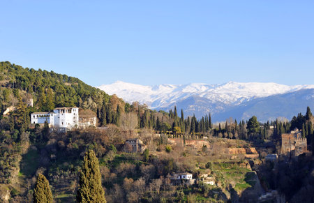 Generalife Gardens, Palace of the Alhambra in Granada viewed from the Mirador de San Nicolas, Granada, Andalusia, Spainのeditorial素材