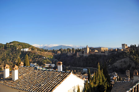 Palace of the Alhambra in Granada viewed from the Mirador de San Nicolas, Granada, Andalusia, Spainのeditorial素材