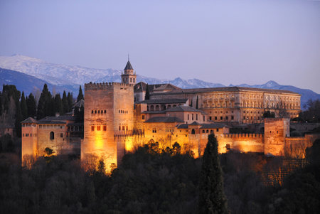 Alhambra Palace of Granada illuminated at night, Mirador de San Nicolas, Granada, Andalusia, Spain