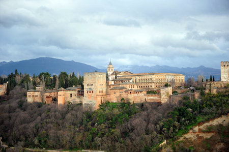 Palace of the Alhambra in Granada viewed from the Mirador de San Nicolas, Granada, Andalusia, Spainのeditorial素材