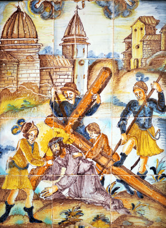 Jesus Christ and the Cyrenian, Via Crucis, religious altarpiece tiles, Cadiz, Andalusia, Spainのeditorial素材
